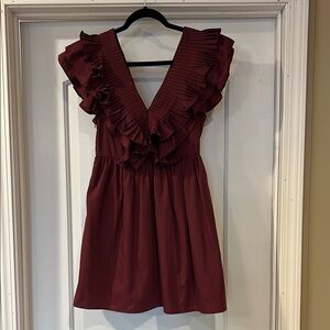 Entro Ruffled V-Neck Dress in Burgundy size small